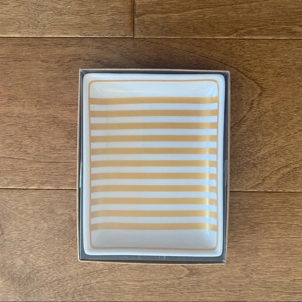 J Crew ceramic gold stipe printed jewelry dish